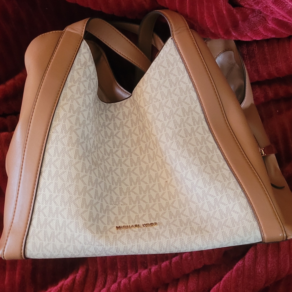 Michael Kors Tan and Cream Shoulder Bag with MK Monogram